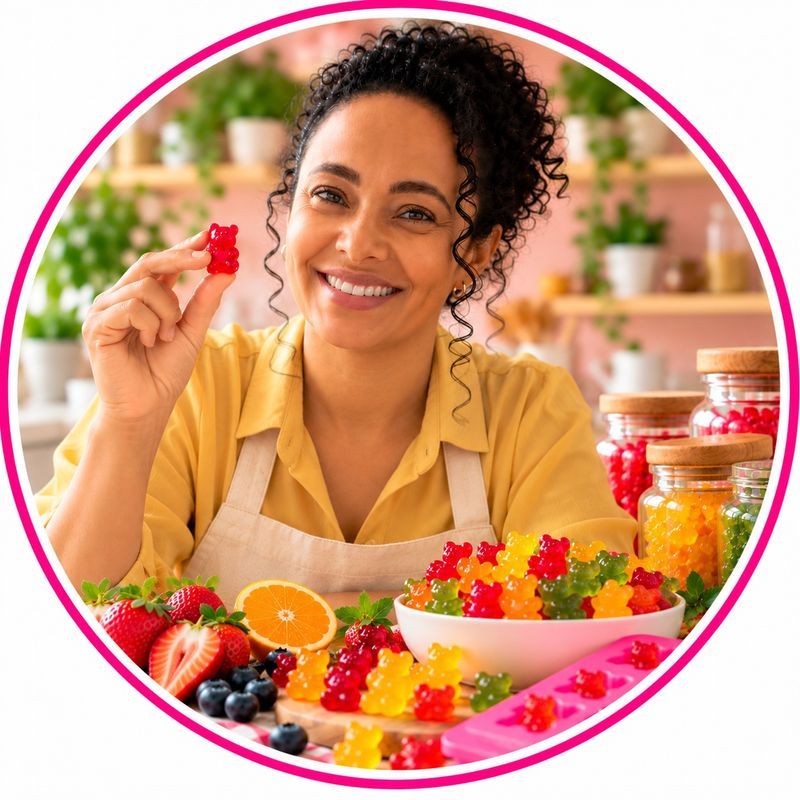 Criadora do NutriGummies segurando uma balinha